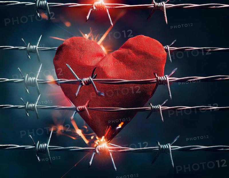 A symbolic depiction of a red heart entwined in barbed wire, set against a blurred warm-toned bokeh background, embodying themes of emotional conflict and love under challenging circumstances, AI generated