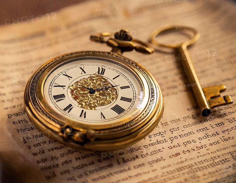 A classic golden pocket watch and ornate key resting atop an aged newspaper, symbolizing time and heritage. The scene exudes vintage charm and historical nostalgia, ideal for themes of timeless beauty, AI generated