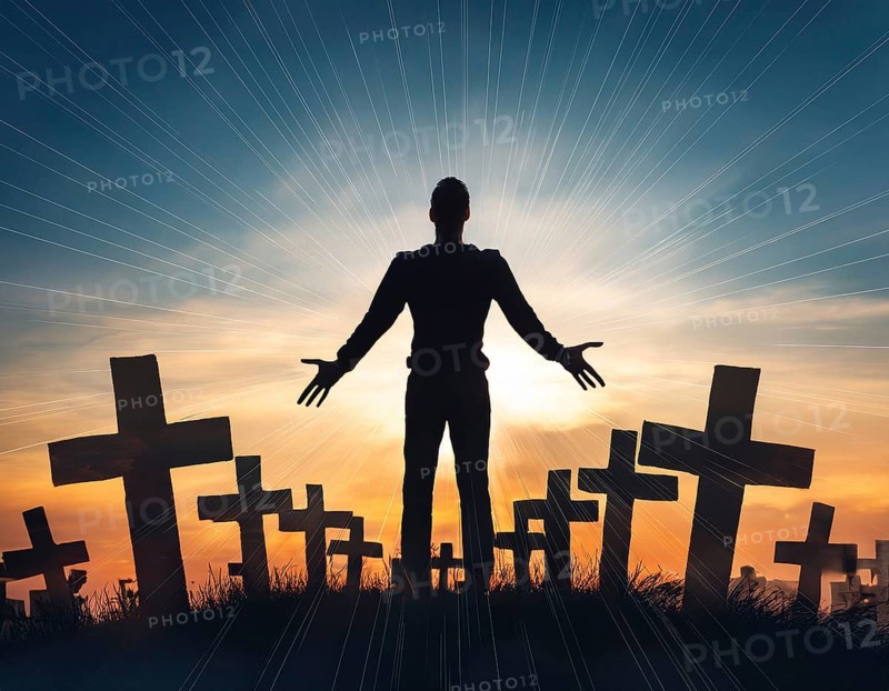 A silhouette of a lone figure walking off a gravestone, The scene evokes Resurrection thoughts emotional depth, AI generated