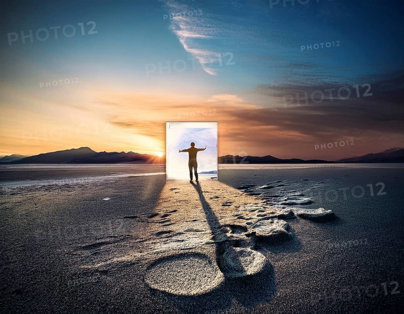Concept Spirituality, Afterlife, Light Energy, Transcendence, Reality. Soul transcends through light portal exploring afterlife and spirituality, AI generated
