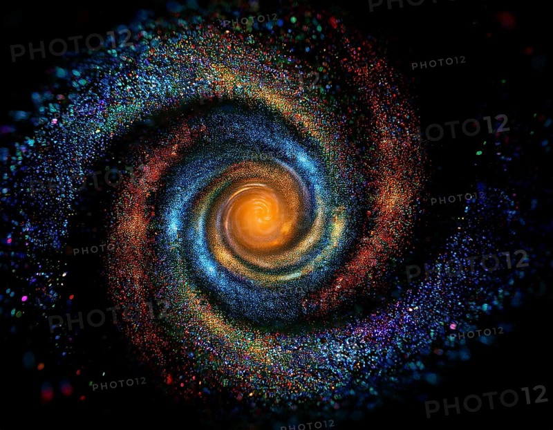 Abstract representation of a colorful swirling galaxy formed by vibrantly arranged particles and specks on a dark background, evoking the mysteries and allure of infinite space and artistic expression, AI generated