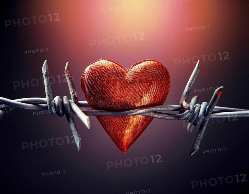 A symbolic depiction of a red heart entwined in barbed wire, set against a blurred warm-toned bokeh background, embodying themes of emotional conflict and love under challenging circumstances, AI generated