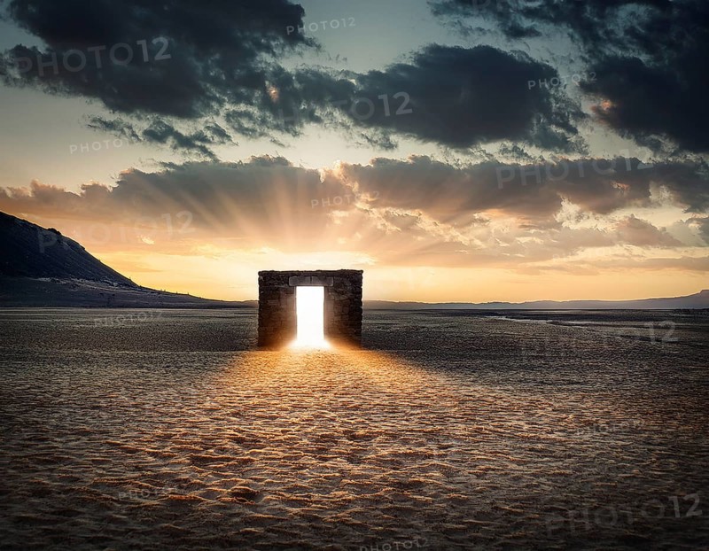 Glowing door is a portal to another world. Mysterious door with glowing light, AI generated
