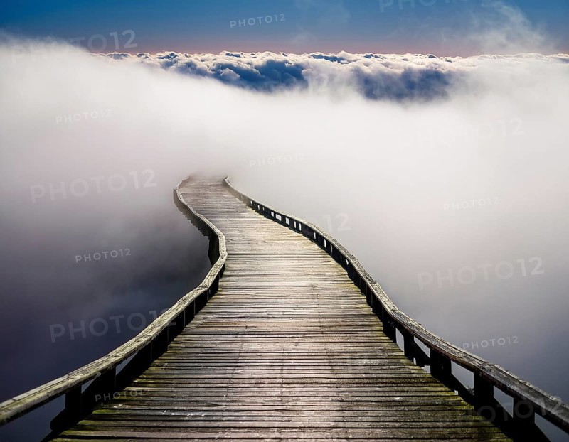 Curved wooden boardwalk disappearing into a thick white mist under a calm sky. This scenic view portrays tranquility, mystery, and a journey into the unknown with its surreal atmospheric setting, AI generated