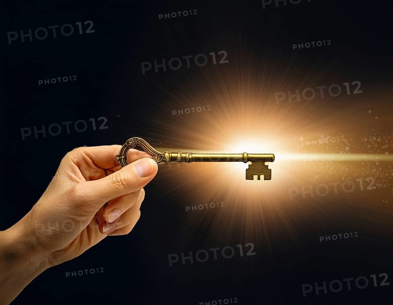 A hand holds an antique key, leading to a bright light in a keyhole shape, symbolizing opportunity, access, and unlocking potential, AI generated
