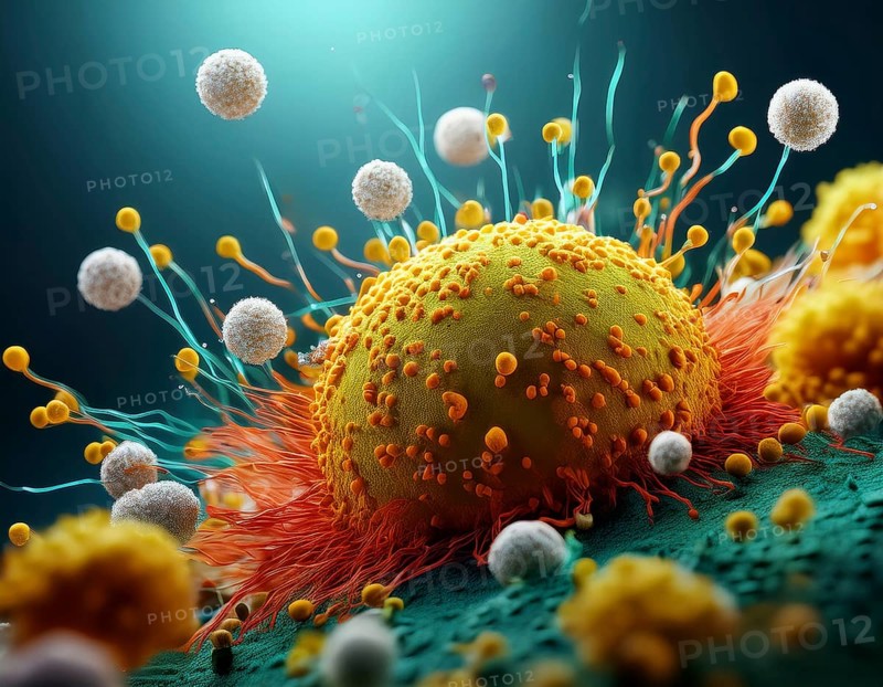 Microscopic Illustration of Virus Cells Representing Medical and Biochemical Concepts, AI generated