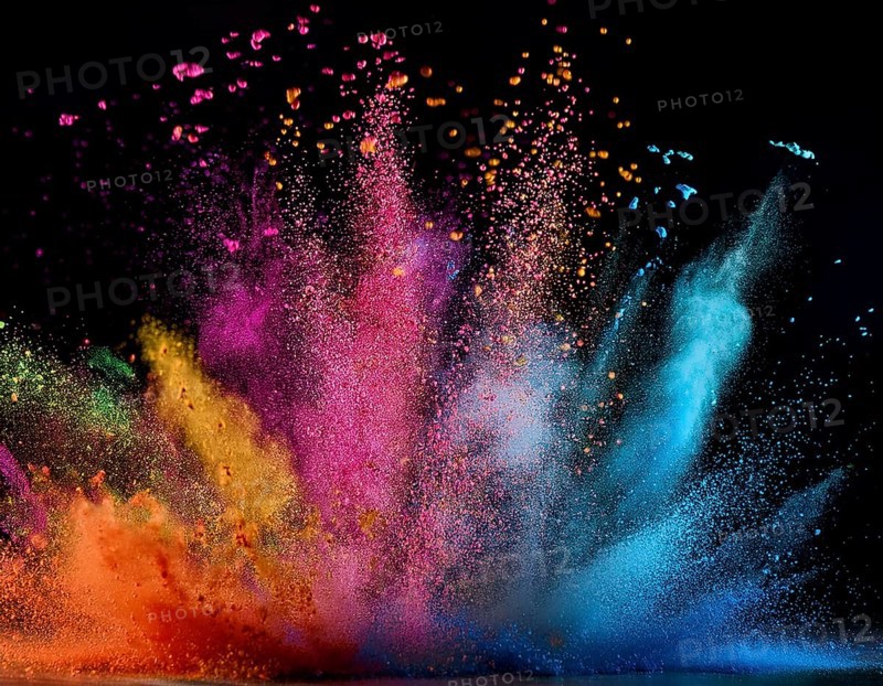A colorful explosion powder on black background.. Multicolored powder explosion, AI generated