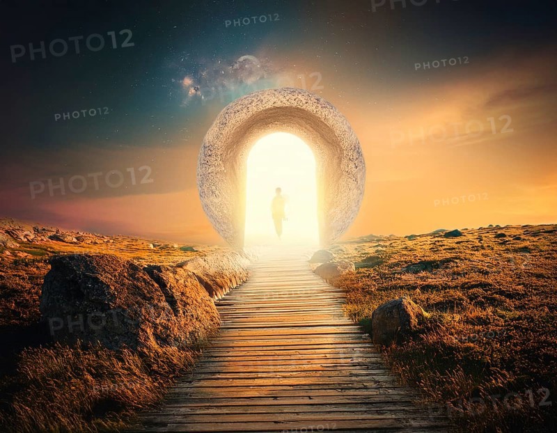 Concept Spirituality, Afterlife, Light Energy, Transcendence, Reality. Soul transcends through light portal exploring afterlife and spirituality, AI generated