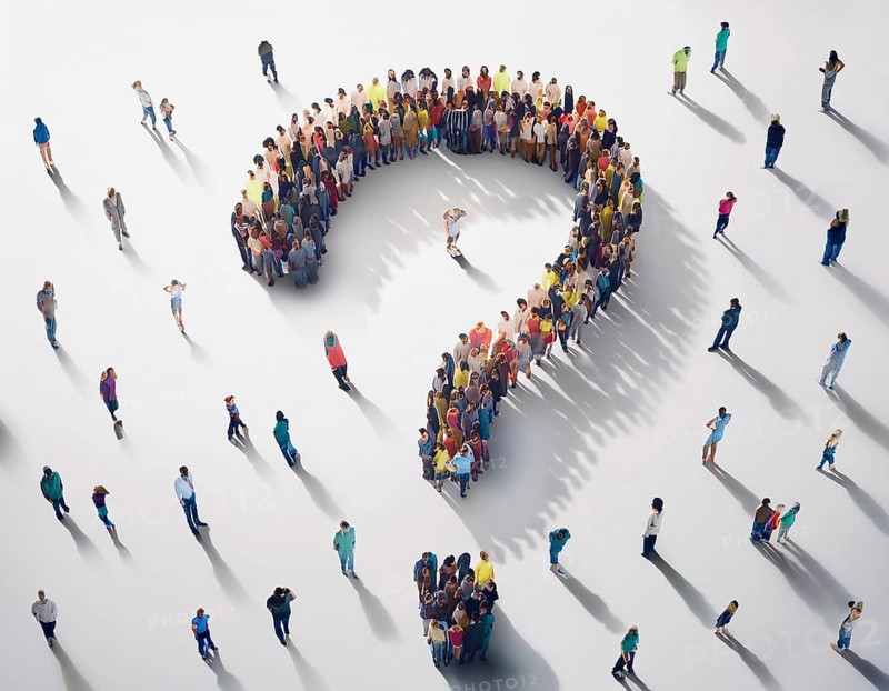 Large group of people arranged in the shape of a question mark, symbolizing inquiry or uncertainty, on a white background, with scattered individuals contributing to the concept of exploration and community, AI generated