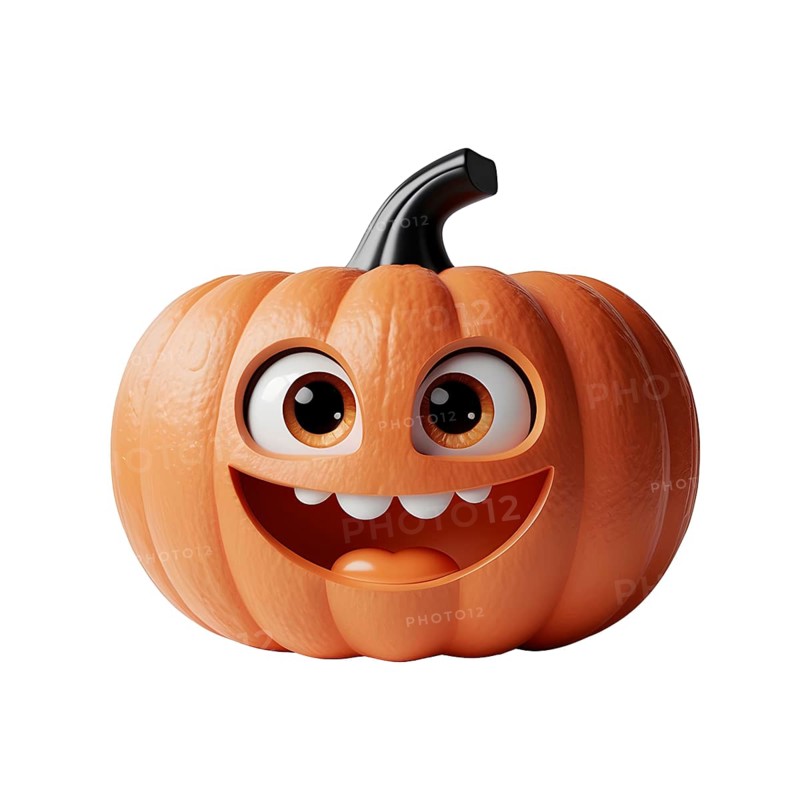 A playful cartoonish pumpkin with large smiling eyes and a joyful expression. AI generated
