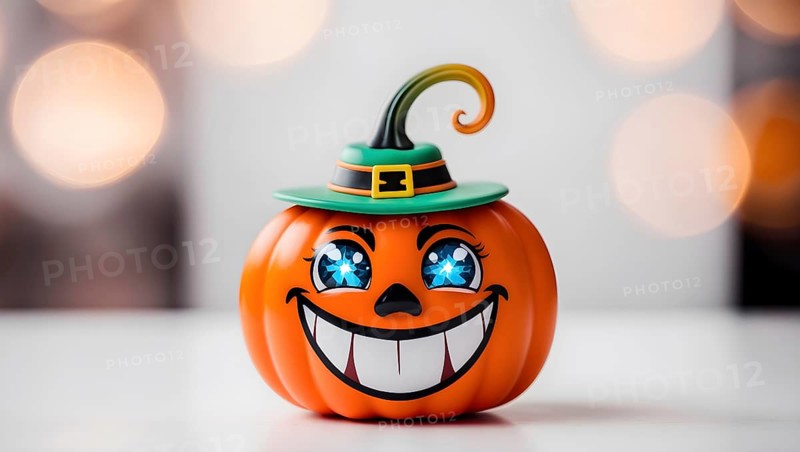 A cheerful pumpkin with a witch hat, sparkling blue eyes, and big white teeth, set against a blurred background. AI generated