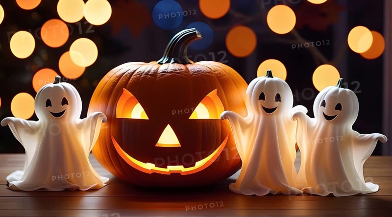 Trio of ghosts, three cute lovely childish baby ghosts on wooden table next to glowing carved Halloween jack-o-lantern pumpkin, lights in the background, warm soft light. AI generated