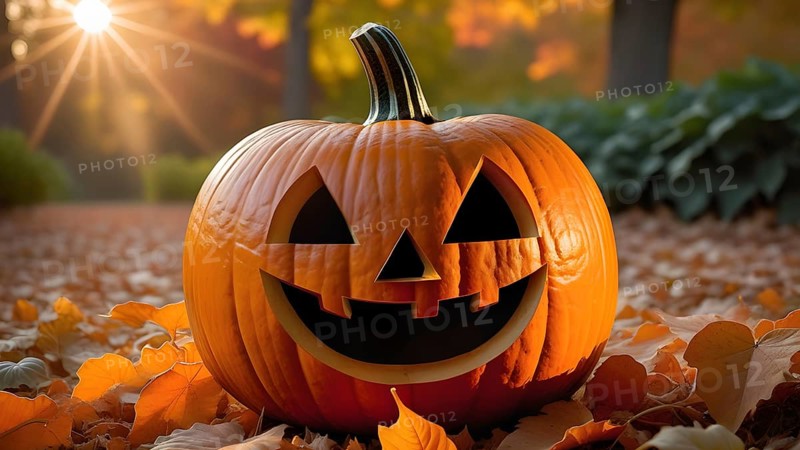 Carved friendly Halloween pumpkin on fallen autumn leaves in the park or forest, sunlight shining through trees in the background, sunrise, sunset. AI generated