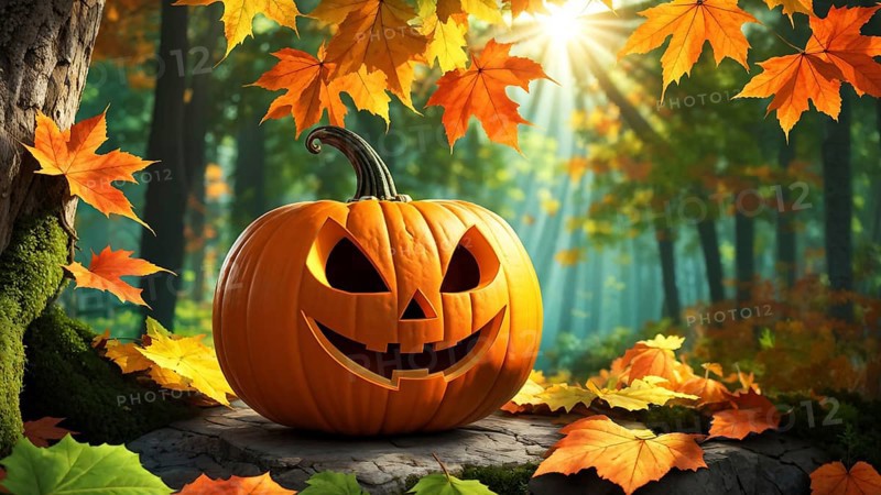 Carved Halloween pumpkin on a stone in the forest under the tree, fallen autumn leaves around, sunlight shining through trees in the background. AI generated