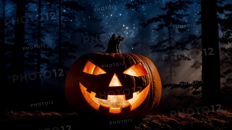 Large single jack-o-lantern, carved Halloween pumpkin in an autumn forest at night under beautiful starry sky, trees in the background. AI generated