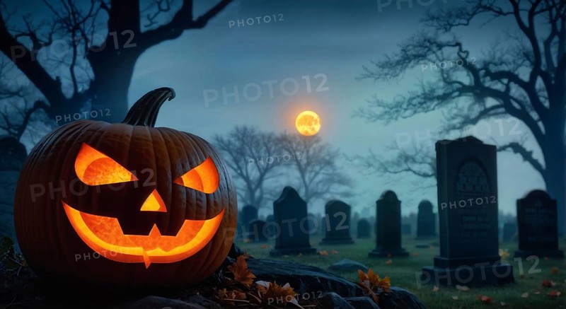 A carved Halloween pumpkin, a jack o lantern glowing in the cemetery at night under the light of the full moon, bare twisted trees, graves. AI generated