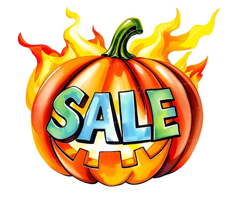A vibrant painted burning pumpkin with the word 'SALE' and flames, conveying a hot Halloween sales and offers theme. AI generated