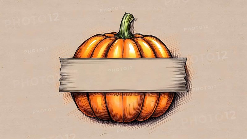 A detailed drawing features a round orange pumpkin with textured grooves and a blank banner wrapped around its middle. Ideal for seasonal autumnal, Halloween, or Thanksgiving decorations or marketing advertisements. AI generated