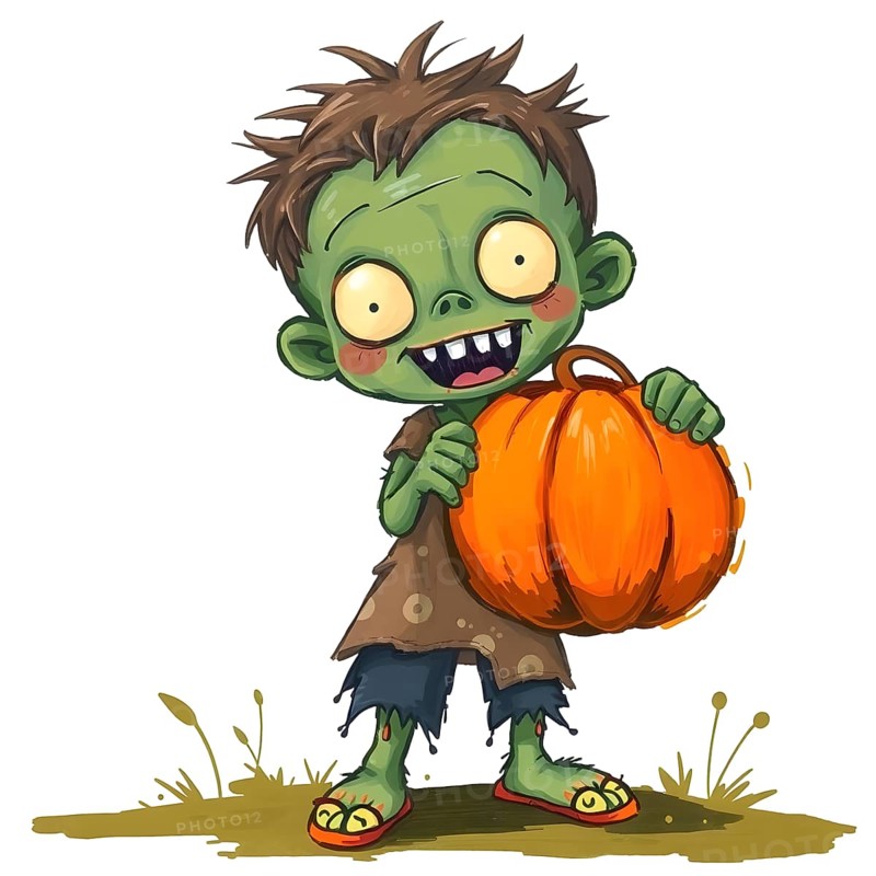 Cute green zombie kid with rosy cheeks holding a pumpkin bucket against white background on Halloween. AI generated