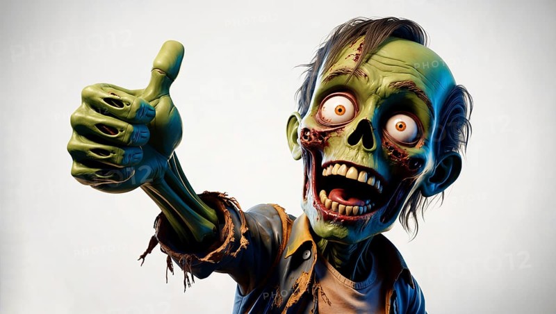 Cartoon zombie with green skin giving a thumbs up, featuring an excited expression. AI generated