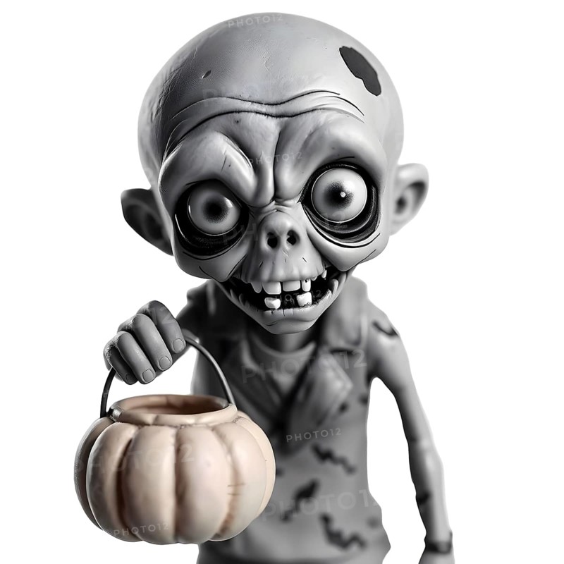 Close up depiction of zombie holding pumpkin bucket on Halloween in black and white illustration style. AI generated