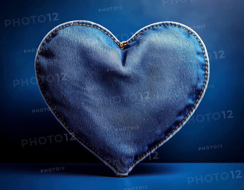 A beautiful heart-shaped denim pillow, symbolizing love and creativity, designed from repurposed blue denim. Showcasing intricate stitching and a distinctive design. Perfect for concepts of love, fashion, or upcycling handmade projects, AI generated