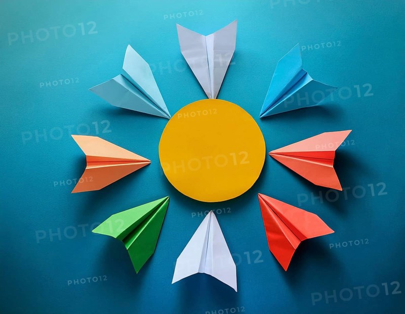 Six colorful origami paper airplanes are displayed in a creative arrangement on a bright background, emphasizing creativity, symmetry, and vibrant artistic expression. Perfect for themes related to art, craft, and fun, AI generated