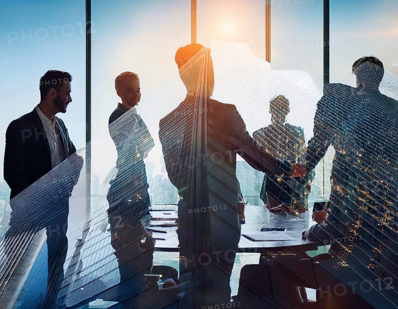 Double exposure image of business people with a modern city. Concept of teamwork, AI generated