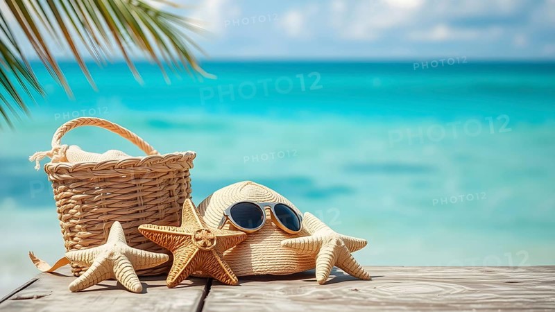 Summer holiday concept poster with starfish, sunglasses, and hat, symbolizing relaxation, joy, and seaside vibes, AI generated