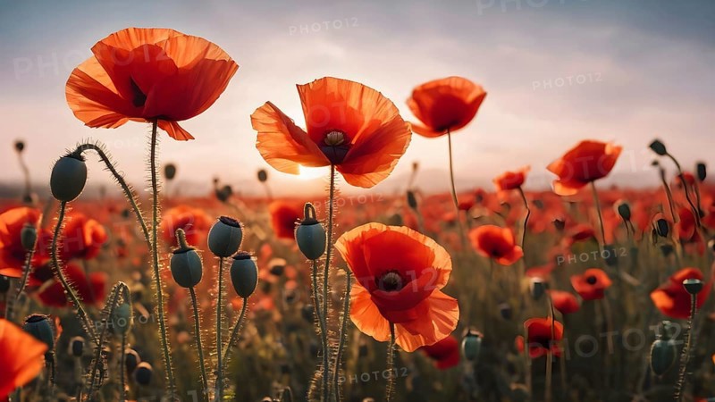 Poppy field wall art print featuring a blooming landscape, celebrating natural beauty, harmony, and vibrant floral elegance, AI generated