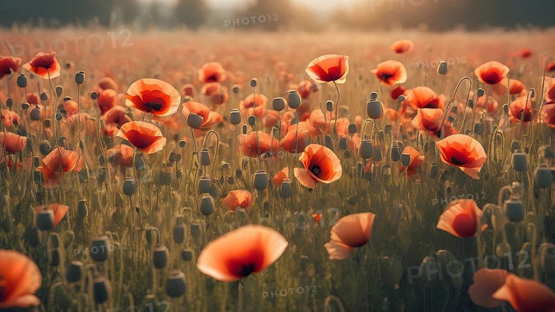 Poppy field wall art print featuring a blooming landscape, celebrating natural beauty, harmony, and vibrant floral elegance, AI generated