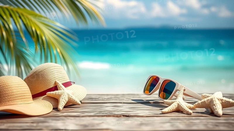 Summer holiday concept poster with starfish, sunglasses, and hat, symbolizing relaxation, joy, and seaside vibes, AI generated