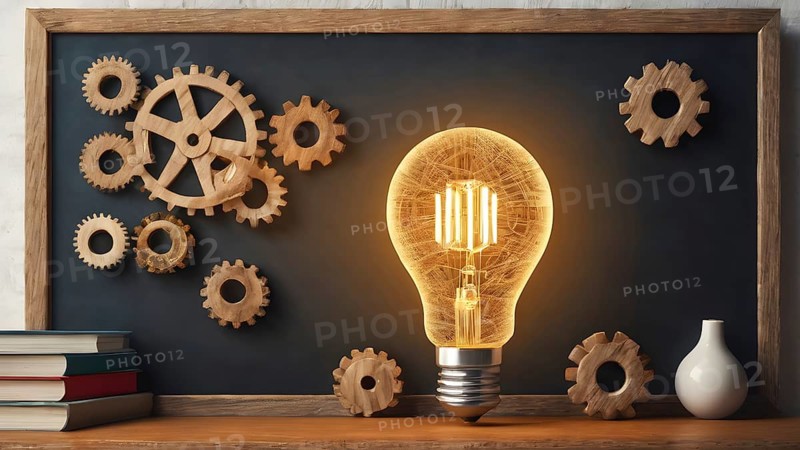 Light bulb with gears concept poster symbolizing creativity, invention, innovation, mechanical design, and bright visionary ideas, AI generated