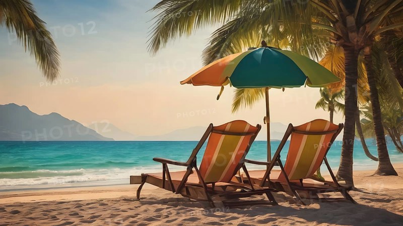 Pair of beach chairs seaside art print, holiday concept poster symbolizing companionship, relaxation, and ocean tranquility, AI generated