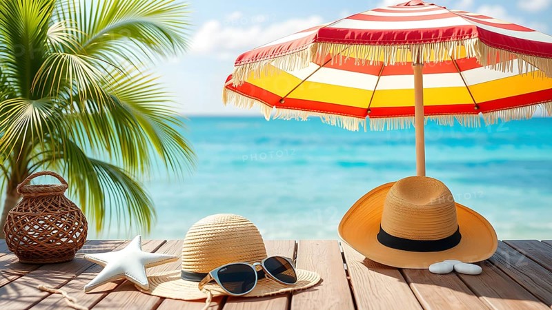 Summer holiday concept poster with starfish, sunglasses, and hat, symbolizing relaxation, joy, and seaside vibes, AI generated