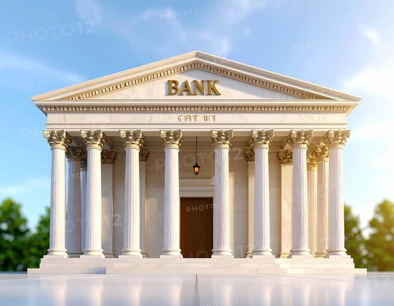 Bank building facade with classical columns, symbolizing finance, economic stability, investment power, and institutional financial heritage, AI generated