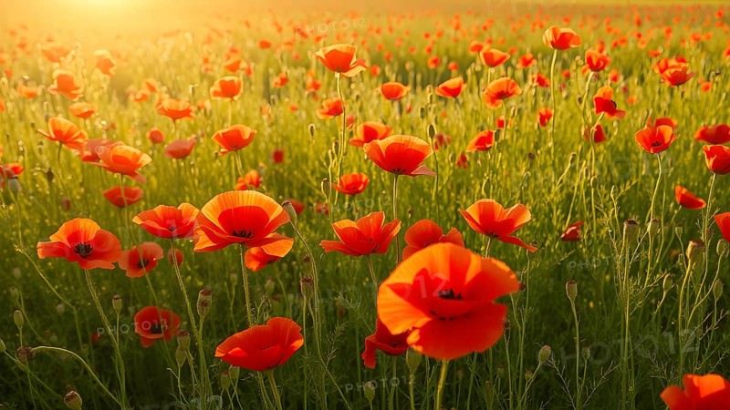 Poppy field wall art print featuring a blooming landscape, celebrating natural beauty, harmony, and vibrant floral elegance, AI generated