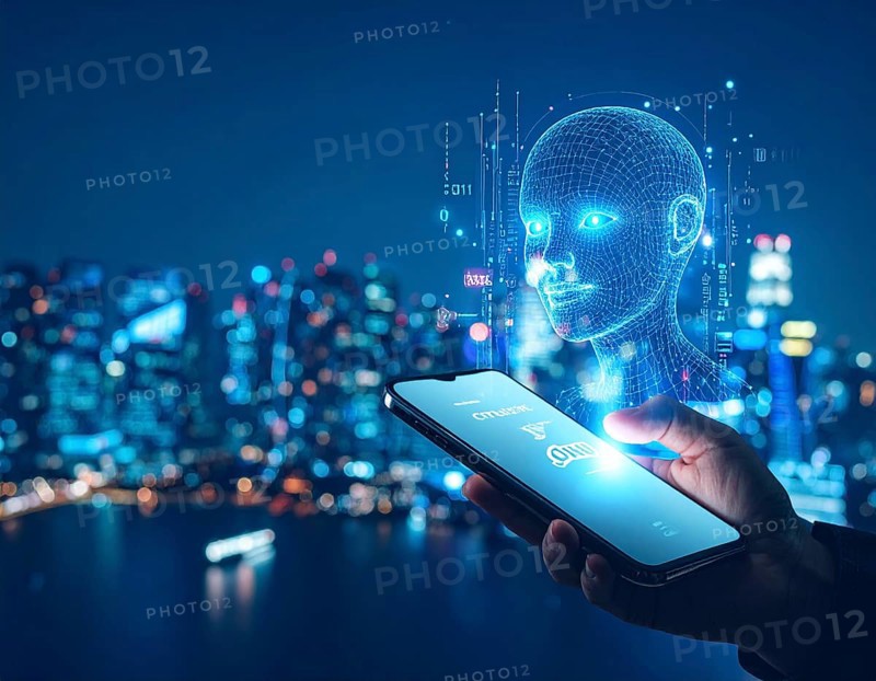 Futuristic AI chatbot hologram symbolizing digital communication, smart assistance, and innovative technology, AI generated