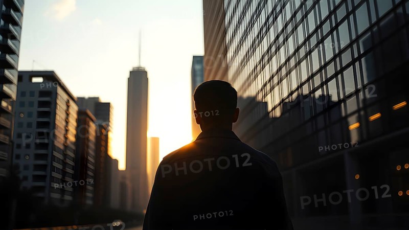Man silhouette with modern cityscape art print, symbolizing reflection, ambition, and journeys within urban life, AI generated