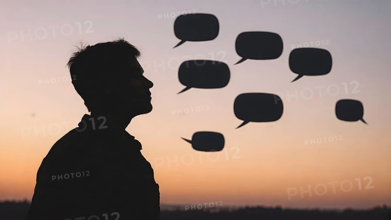 Thinking man silhouette with speech bubble concept, symbolizing dialogue, reflection, creative ideas, learning, and communication, AI generated