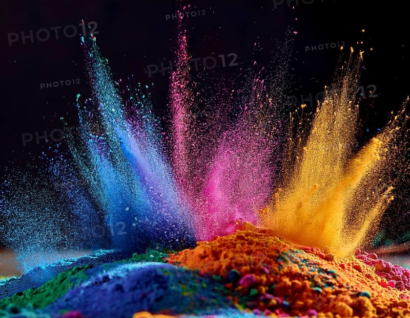A colorful explosion powder on black background.. Multicolored powder explosion, AI generated
