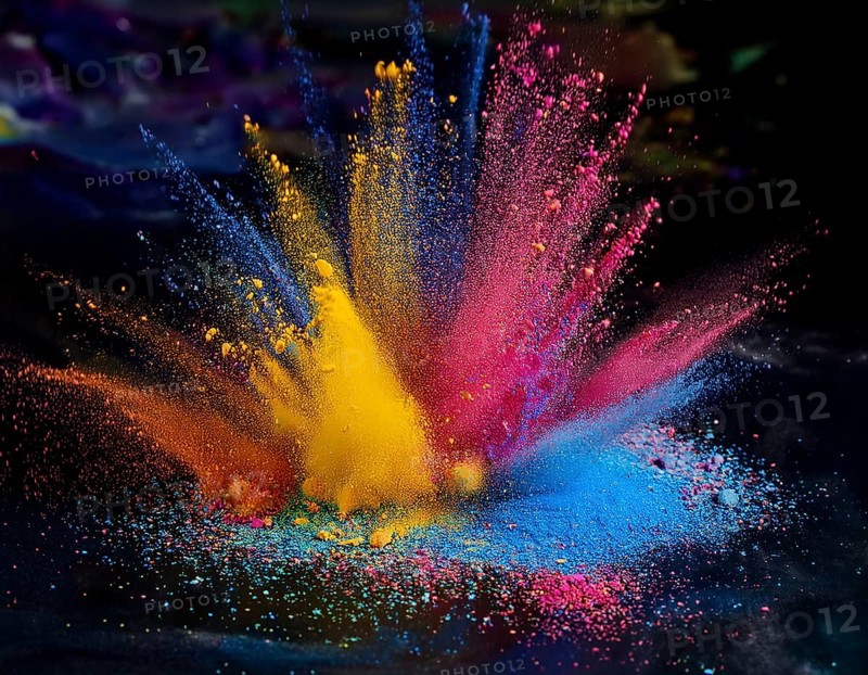 A colorful explosion powder on black background.. Multicolored powder explosion, AI generated