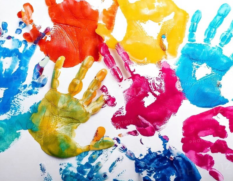 Vibrant multicolored handprints on white background, symbolizing creativity, playful expression, imagination, and artistic colorful design, AI generated