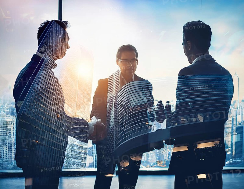 Double exposure image of business people with a modern city. Concept of teamwork, AI generated