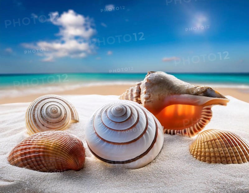 Composition with beach water, sand, starfish and seashells. Summer vacations concept, AI generated
