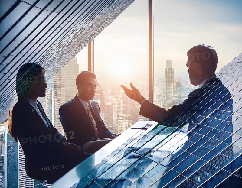 Double exposure image of business people with a modern city. Concept of teamwork, AI generated