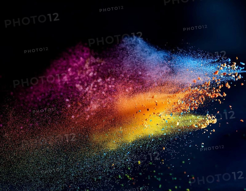 A colorful explosion powder on black background.. Multicolored powder explosion, AI generated