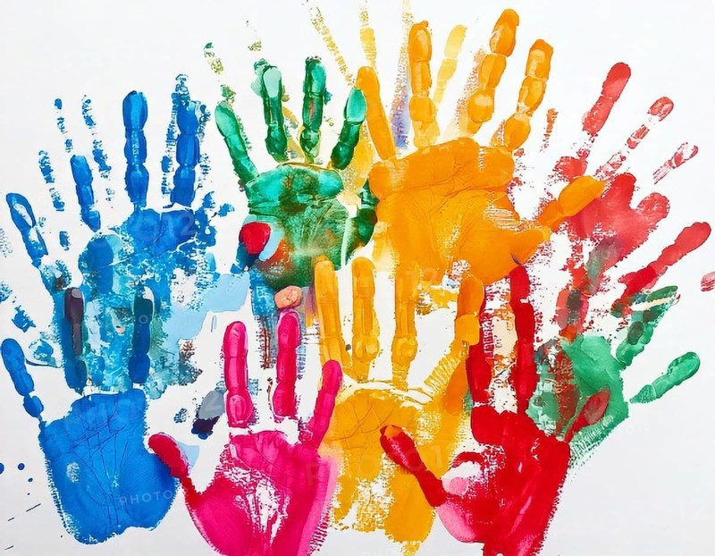 Vibrant multicolored handprints on white background, symbolizing creativity, playful expression, imagination, and artistic colorful design, AI generated