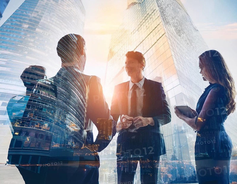 Double exposure image of business people with a modern city. Concept of teamwork, AI generated