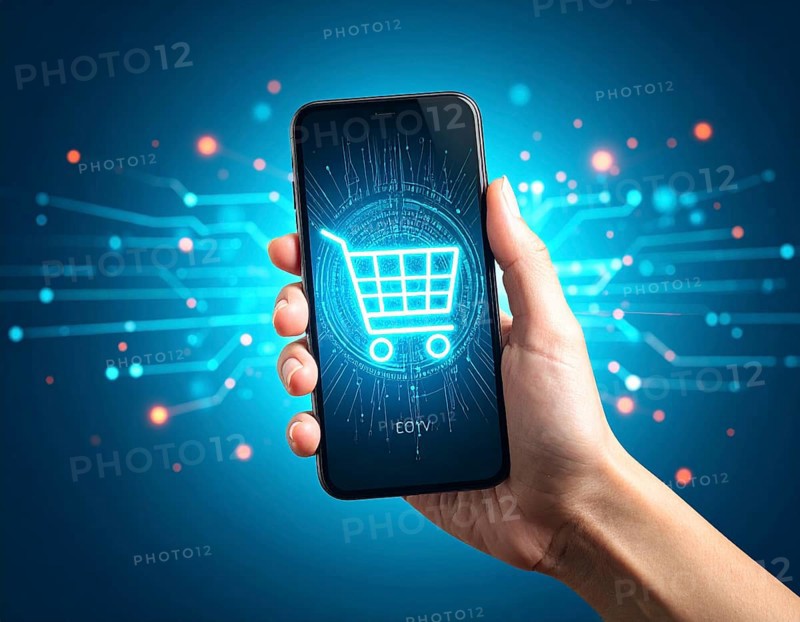 Hand holding smartphone glowing shopping cart icon poster symbolizing online shopping, e-commerce, and futuristic digital commerce, AI generated